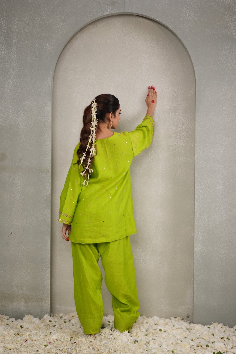 Firdaus Parrot Green Farshi suit — back view