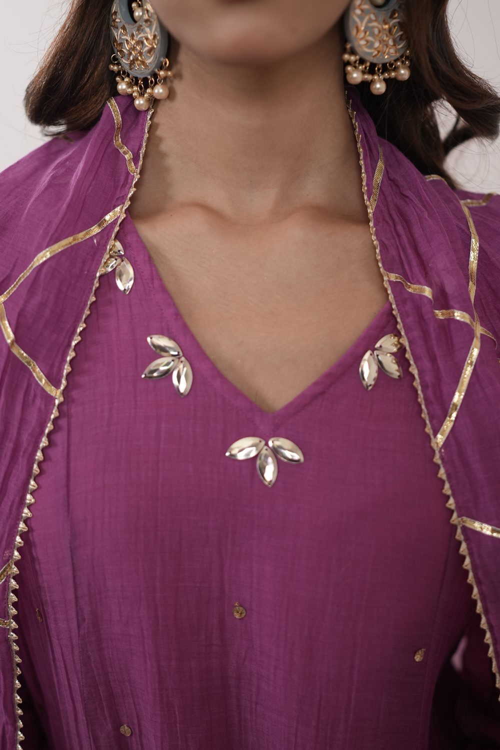 Kinari Kraft Pink Anarkali suit set — neckline mirror detail
