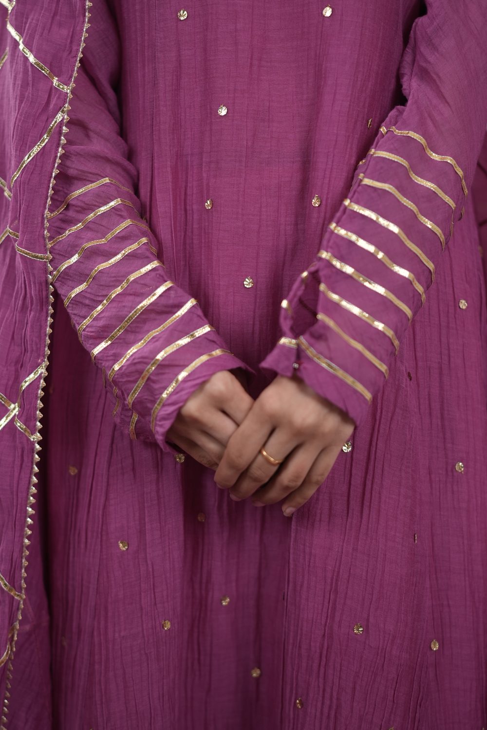 Kinari Kraft Pink Anarkali suit set — sleeve and sequin detail