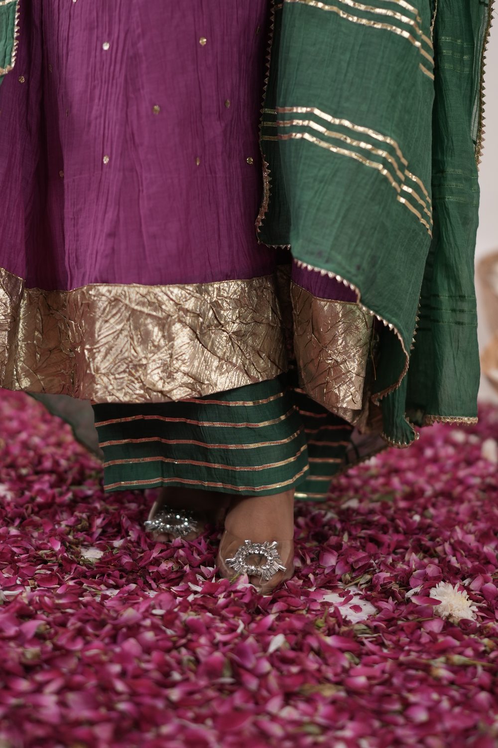 Kinari Kraft Green and Pink Anarkali suit set — hem and trouser detail