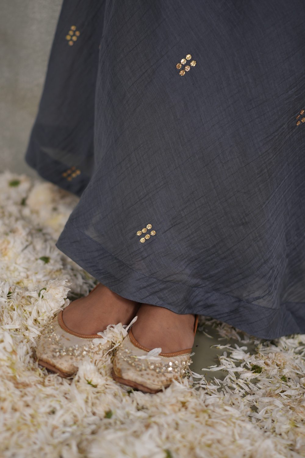 Baithak Breezy Grey asymmetric dress — hem and embellishment detail