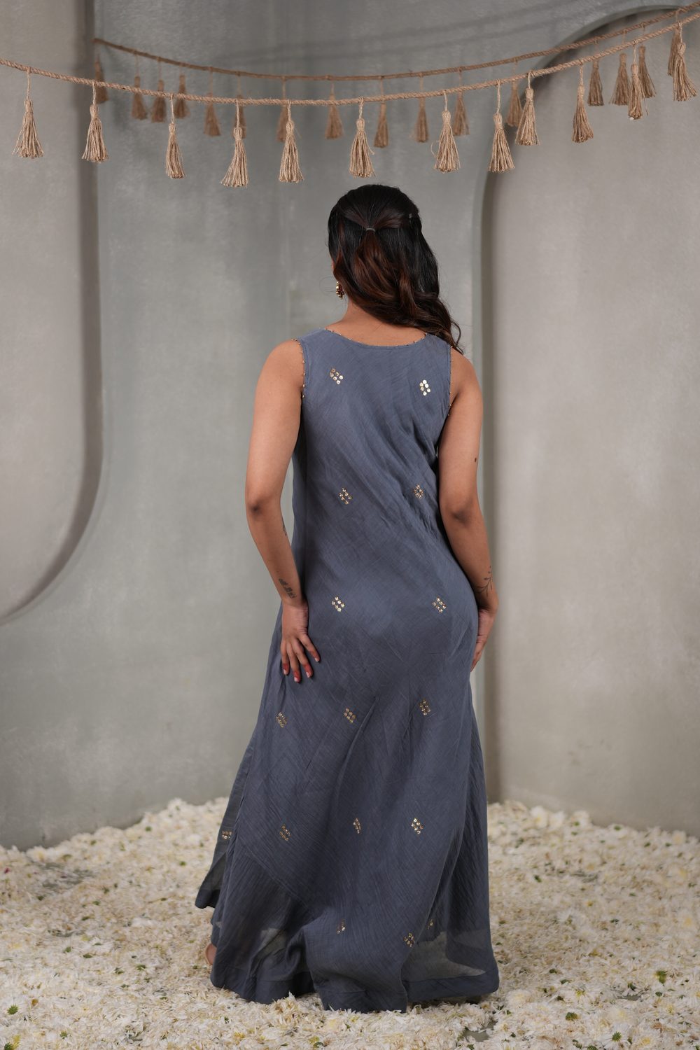 Baithak Breezy Grey asymmetric dress — back view